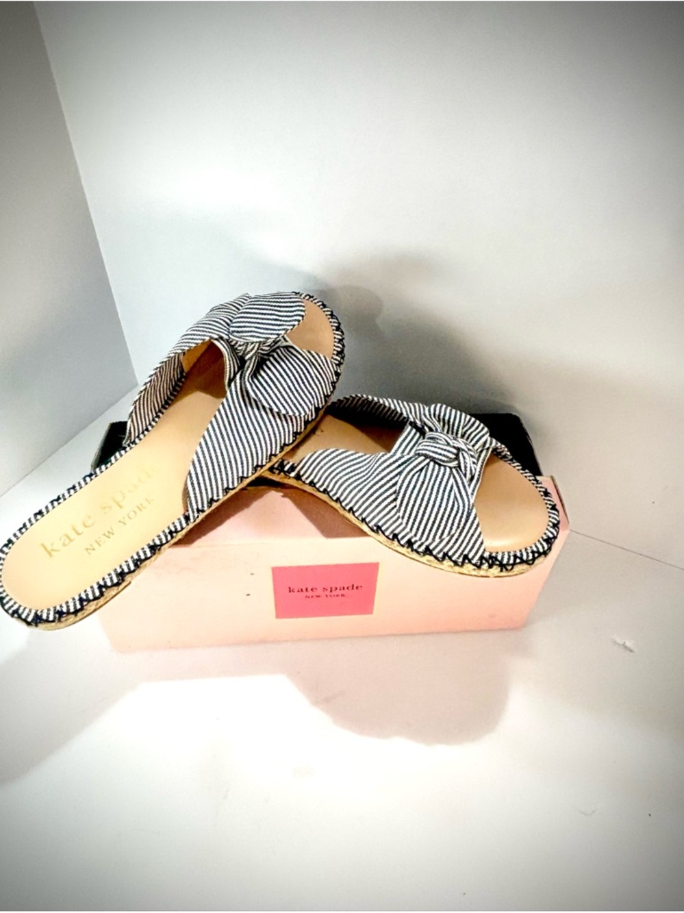 kate spade Black & White Striped Bow Slide Mules NIB
